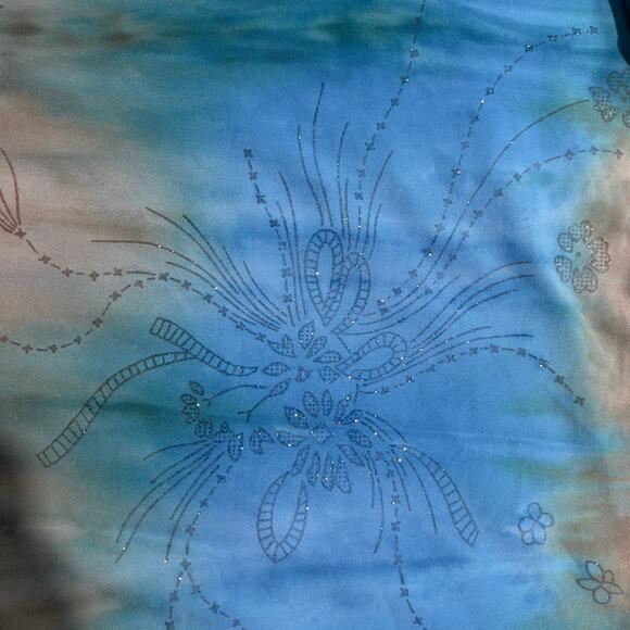 Only Nine Woman Top Metallic Thread Sparkle Floral Tye Dye Blue Green Brown - Picture 3 of 9